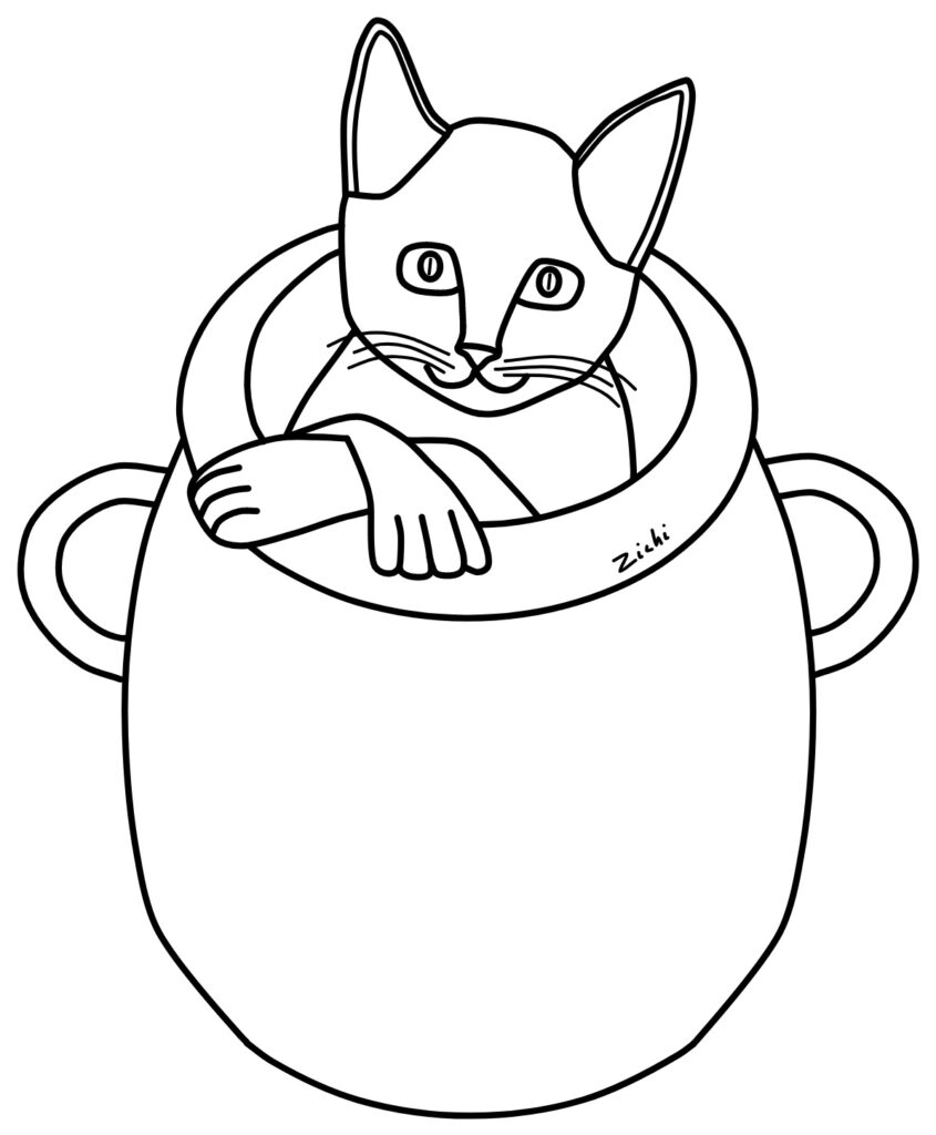 Un gatto, accomodato dentro un anfora, guarda divertito i suoi amici umani, strappandogli un sorriso.